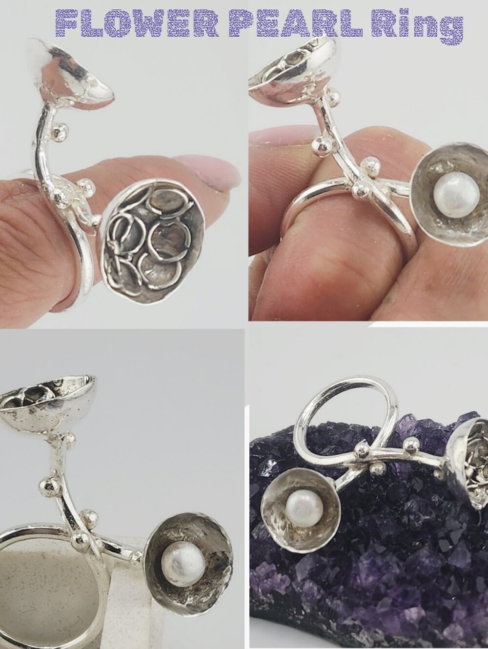 PEARL FLOWER POT RING HANDMADE IN STERLING SILVER SIZE 7.5